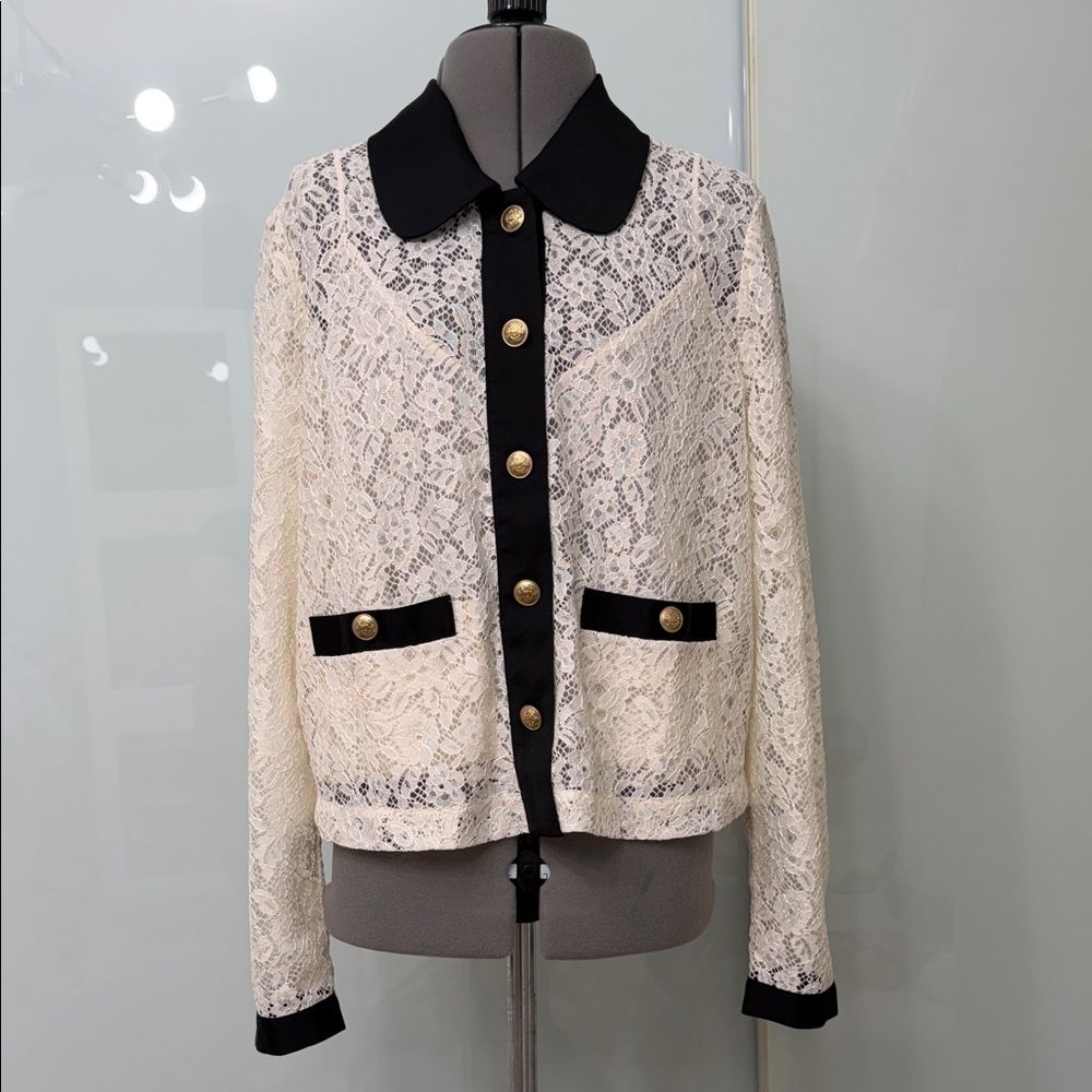 J. Crew Elegant Lace Shirt Jacket with Black Accents Peter Pan Collar Small